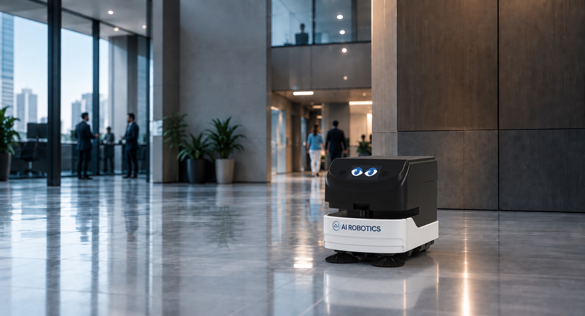 Un robot AI Robotics dans un hall